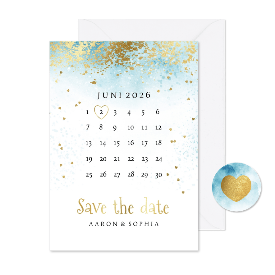 Save the date kaart watercolour kalender goud - Kaartimpressie