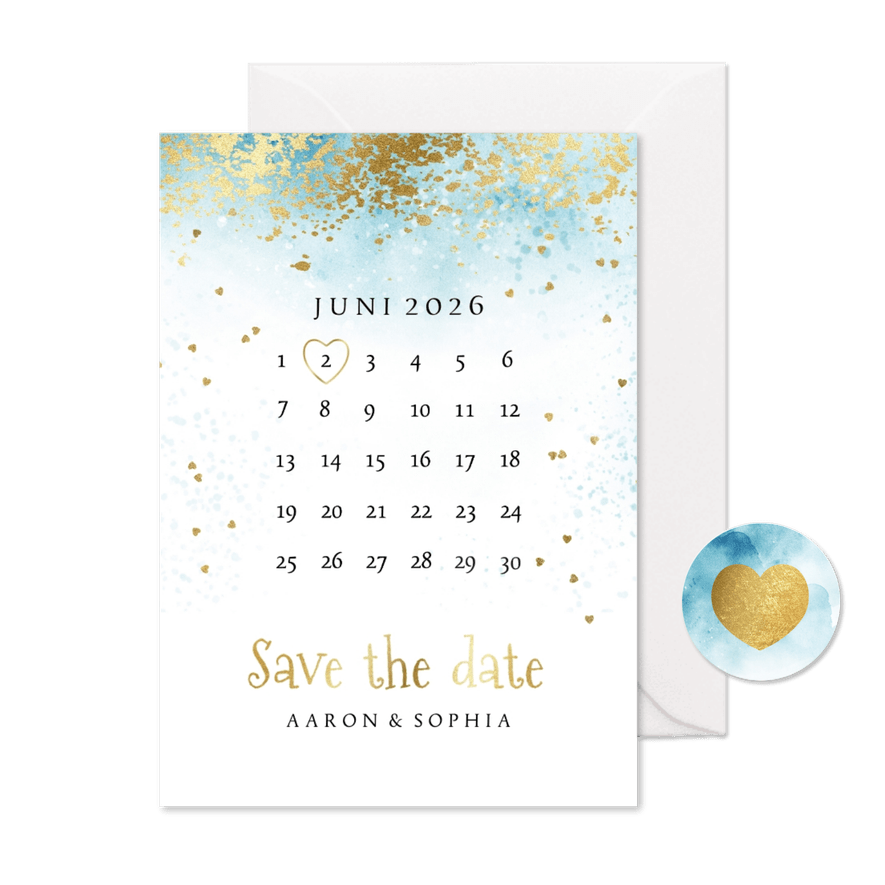 Save the date kaart watercolour kalender goud - Kaartimpressie