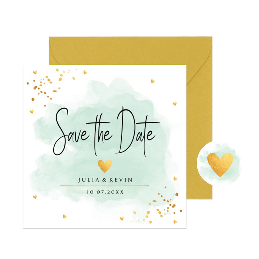 Save the Date kaart waterverf mintgroen goudlook hartjes - Kaartimpressie