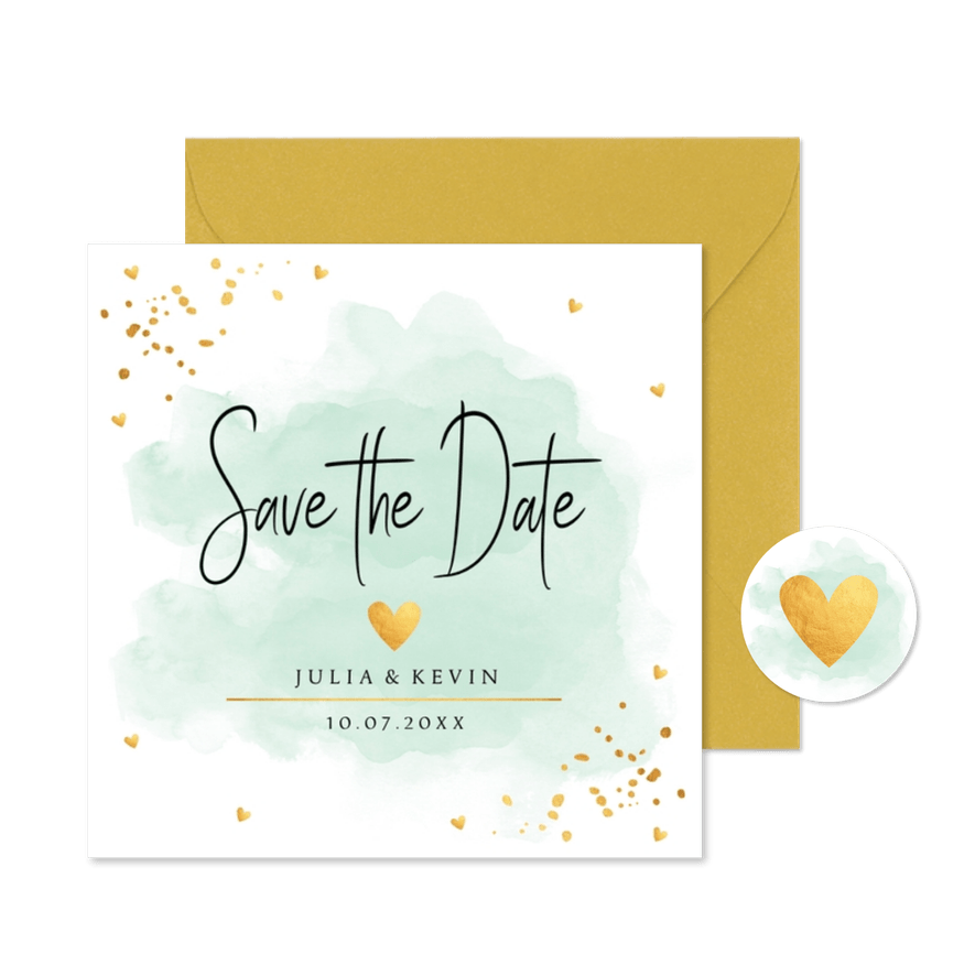 Save the Date kaart waterverf mintgroen goudlook hartjes - Kaartimpressie