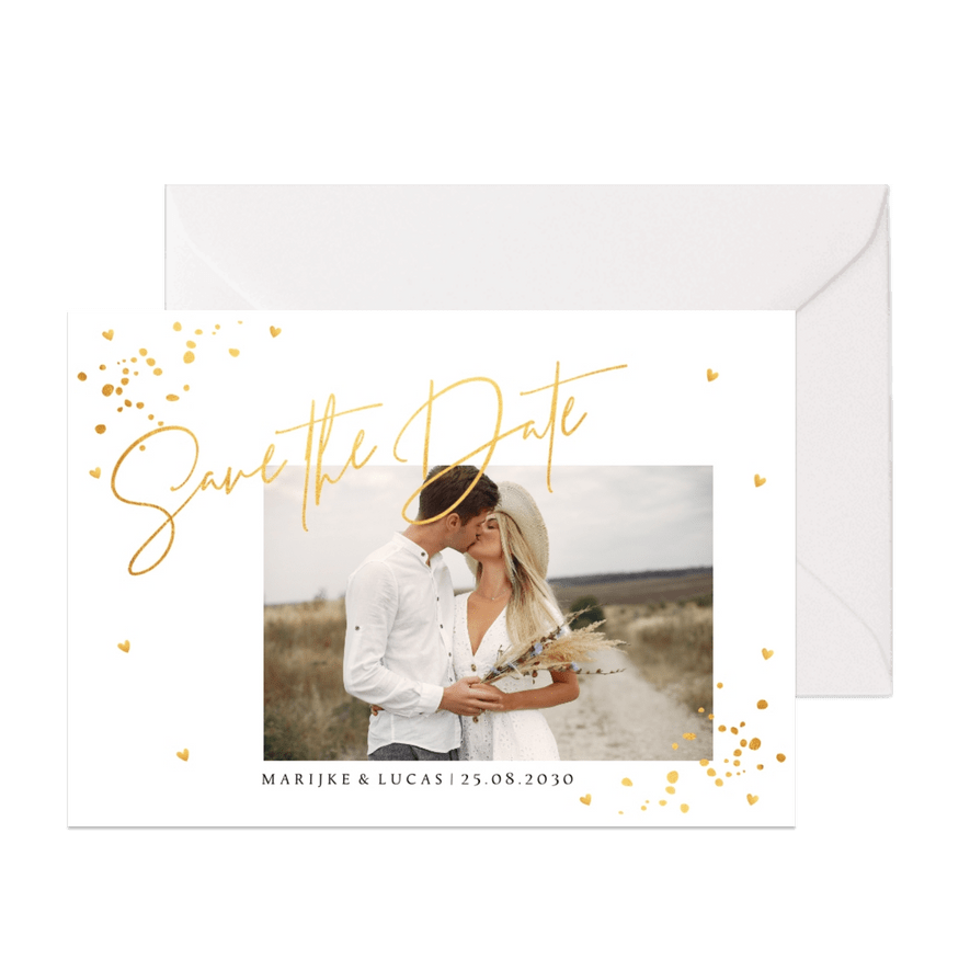 Save the Date kaart wit foto confetti goudlook - Kaartimpressie