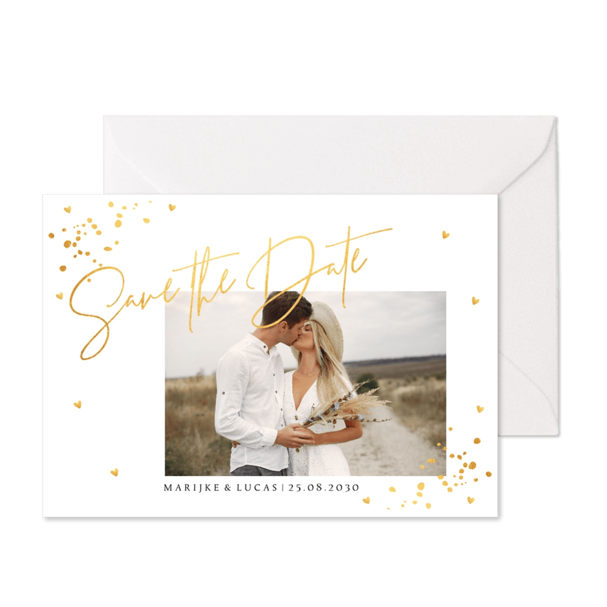 Save the Date kaart wit foto confetti goudlook - Kaartimpressie