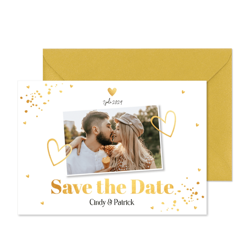 Save the Date kaart wit foto hartjes goudlook - Kaartimpressie