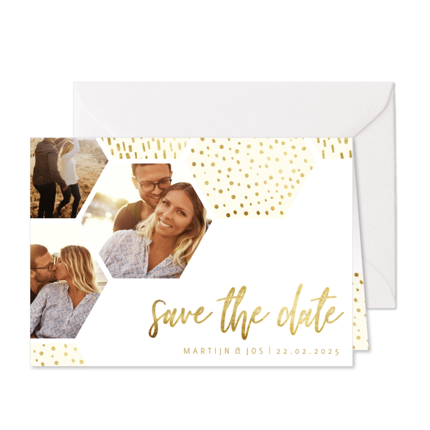 Save the date kaart zeshoek fotocollage met gouden confetti - Kaartimpressie