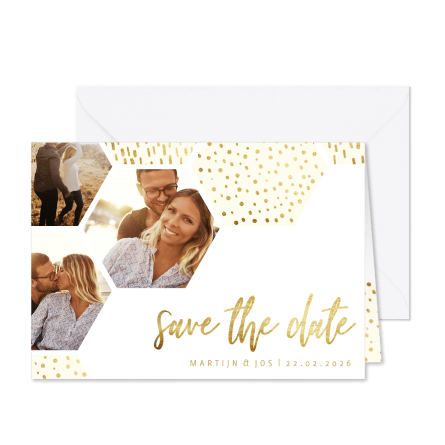 Save the date kaart zeshoek fotocollage met gouden confetti - Kaartimpressie