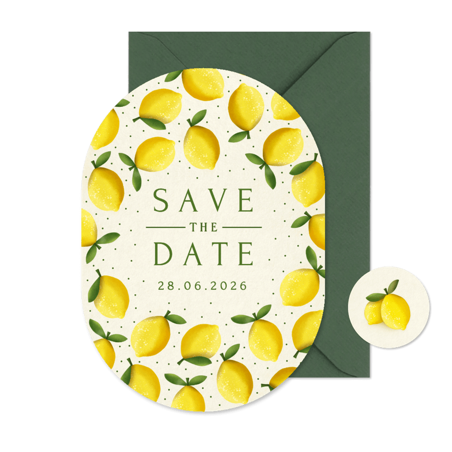 Save the Date kaart zomers in ovaal vorm met citroenen - Kaartimpressie