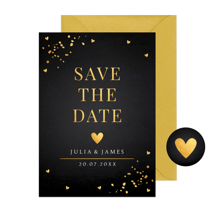 Save the Date kaart zwart goudlook hartjes typografie - Kaartimpressie