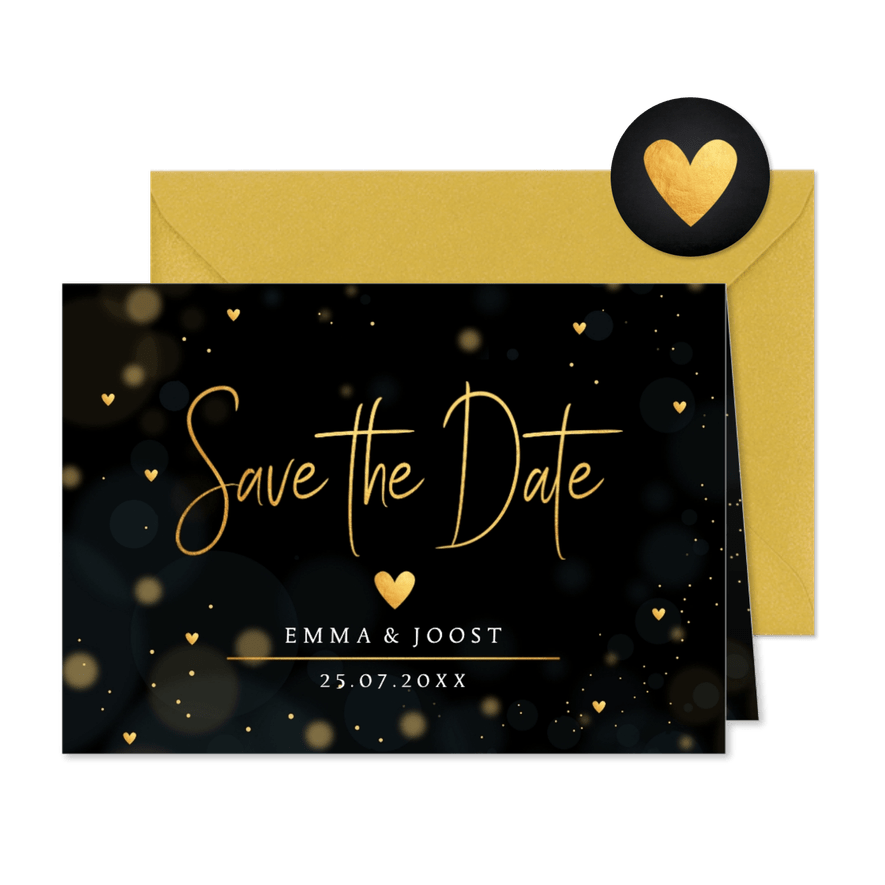 Save the Date kaart zwart goudlook hartjes - Kaartimpressie