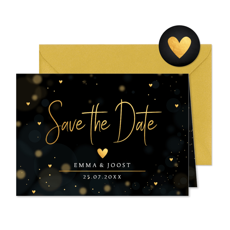 Save the Date kaart zwart goudlook hartjes - Kaartimpressie