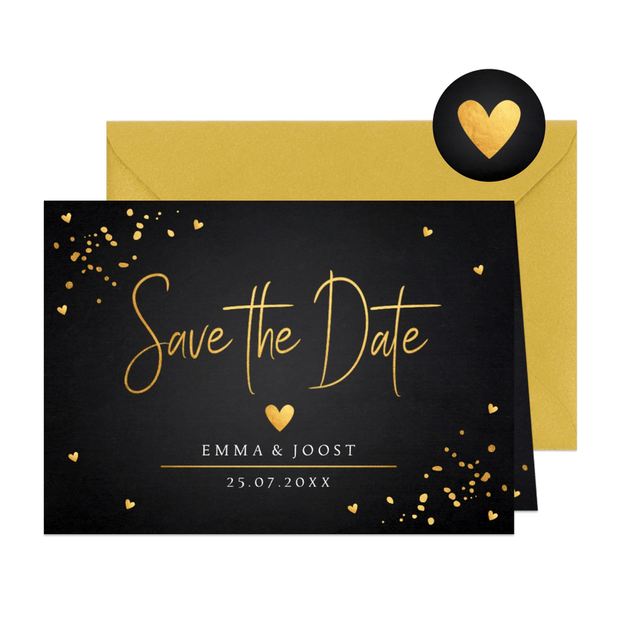 Save the Date kaart zwart goudlook hartjes - Kaartimpressie