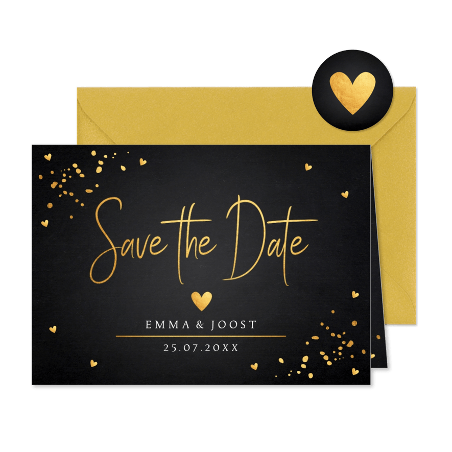 Save the Date kaart zwart goudlook hartjes - Kaartimpressie