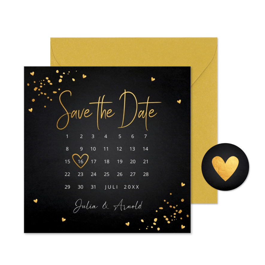 Save the Date kaart zwart goudlook met kalender uitnodiging - Kaartimpressie