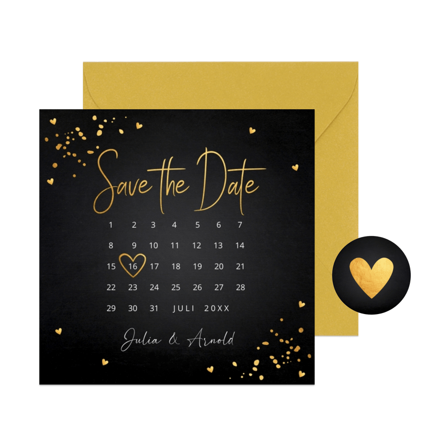 Save the Date kaart zwart goudlook met kalender uitnodiging - Kaartimpressie