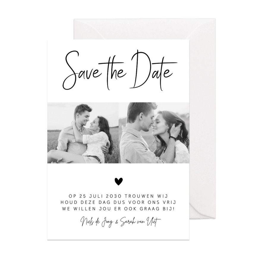 Save the Date kaart zwart-wit foto hartje - Kaartimpressie