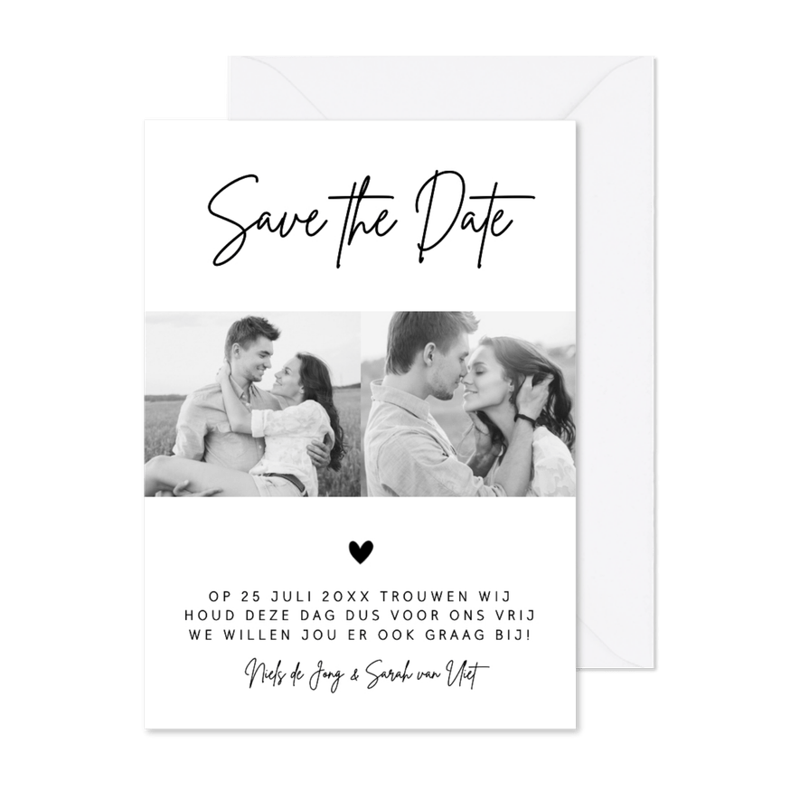 Save the Date kaart zwart-wit foto hartje - Kaartimpressie