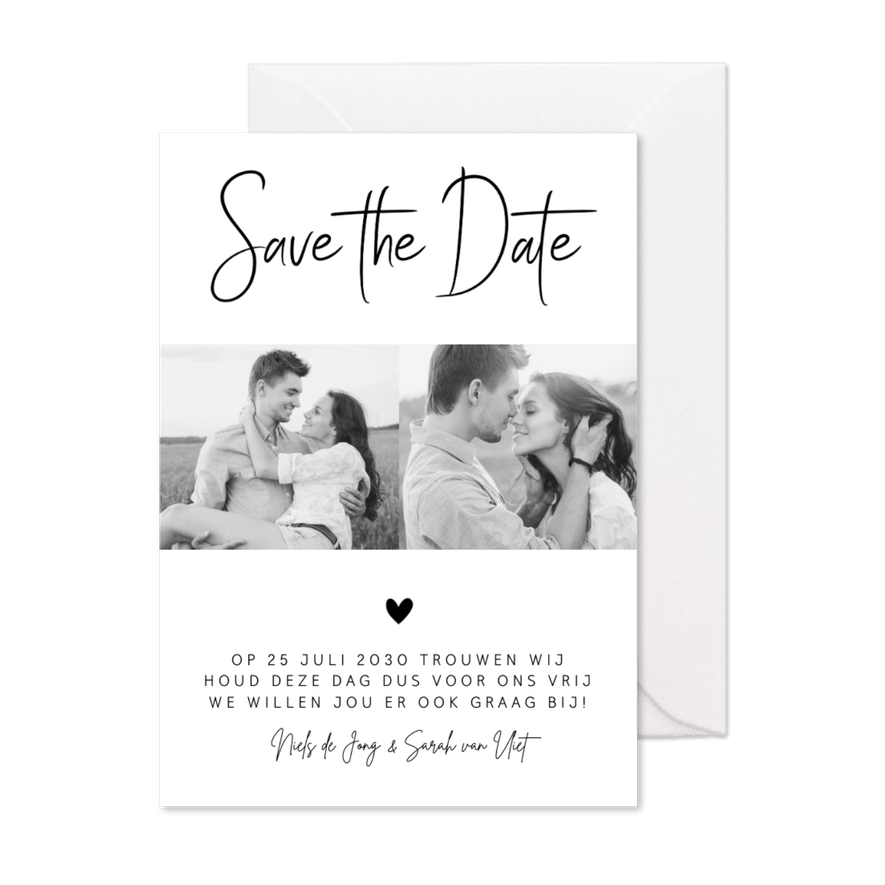 Save the Date kaart zwart-wit foto hartje - Kaartimpressie