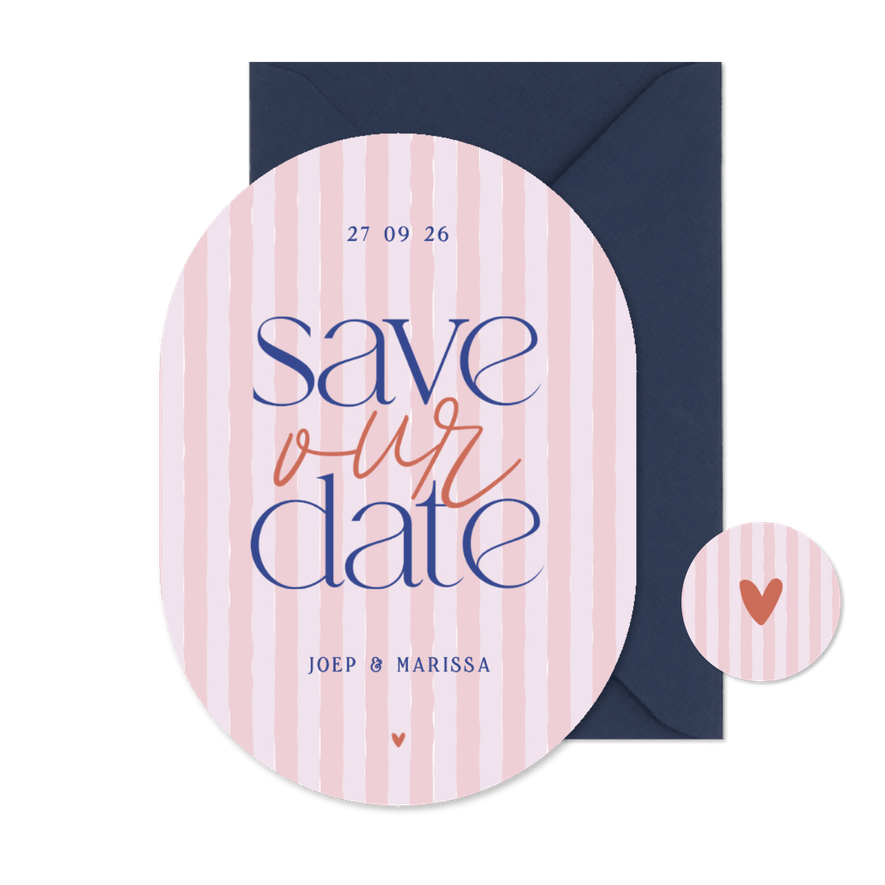 Save the date kaartje ovaal met roze streepjes save our date - Kaartimpressie