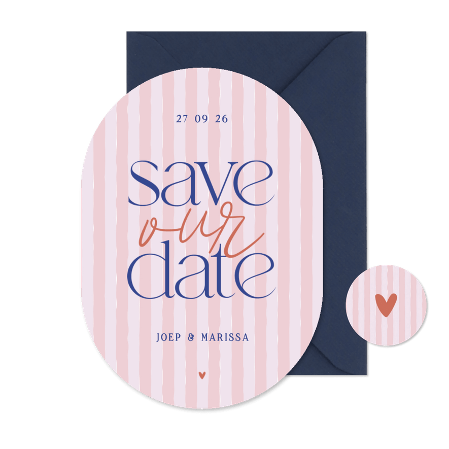 Save the date kaartje ovaal met roze streepjes save our date - Kaartimpressie