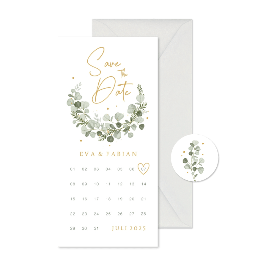 Save the date kalender eucalyptus stijlvol hartjes klassiek - Kaartimpressie