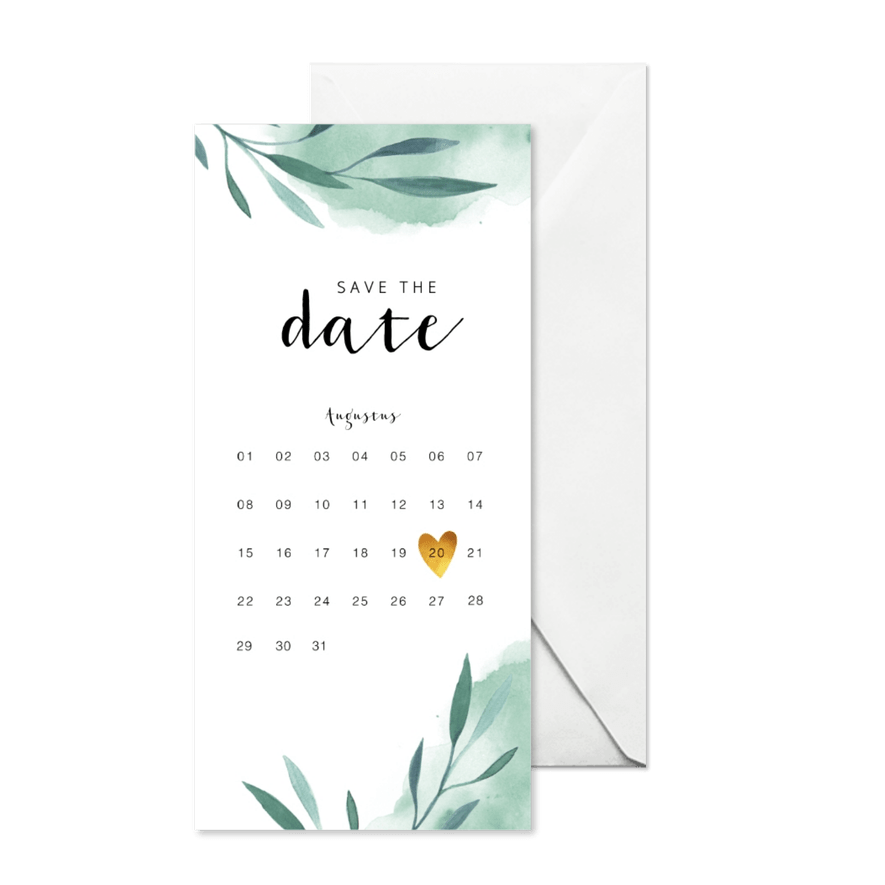 Save the date kalender kaart met waterverf en blaadjes  - Kaartimpressie