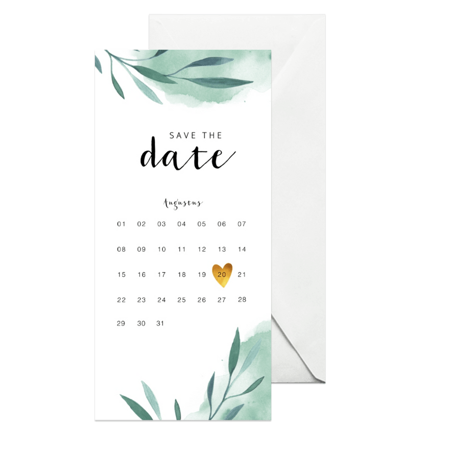 Save the date kalender kaart met waterverf en blaadjes  - Kaartimpressie