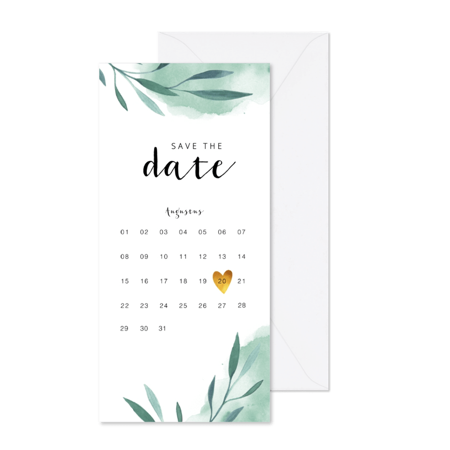 Save the date kalender kaart met waterverf en blaadjes - Kaartimpressie