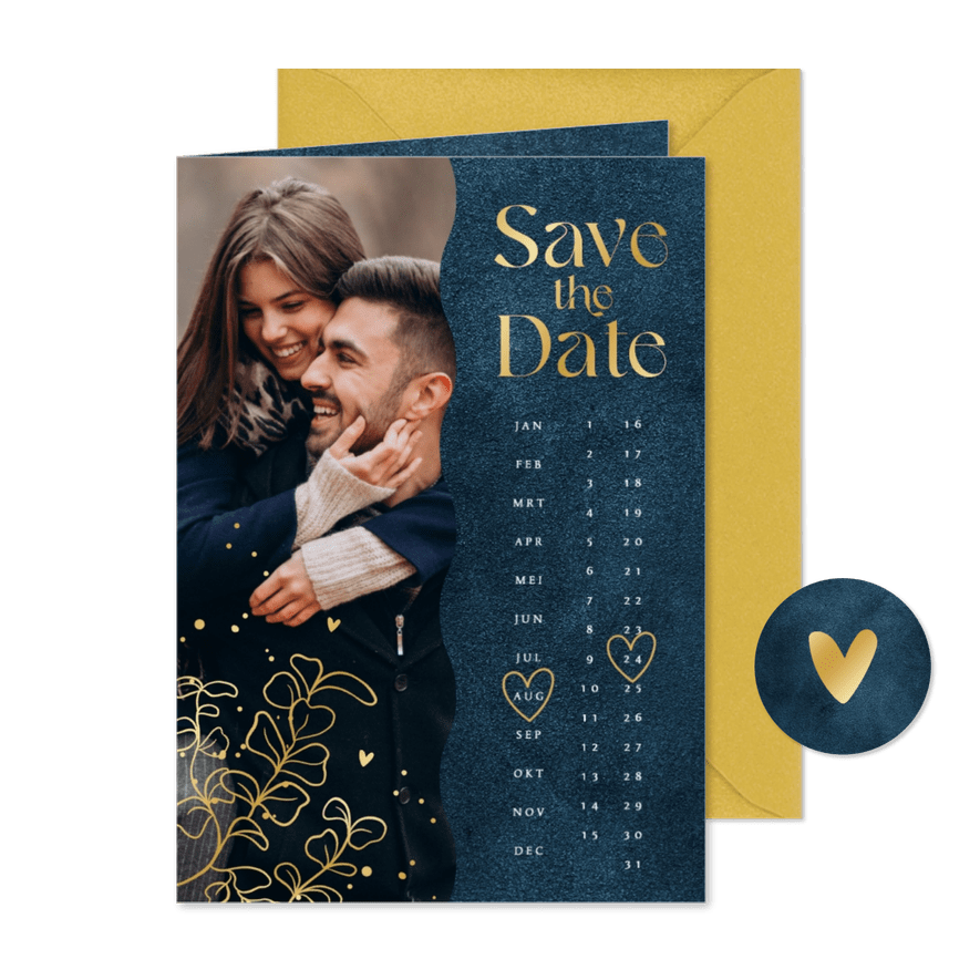Save the date kalender trouwkaart velvet blauw foto goud - Kaartimpressie