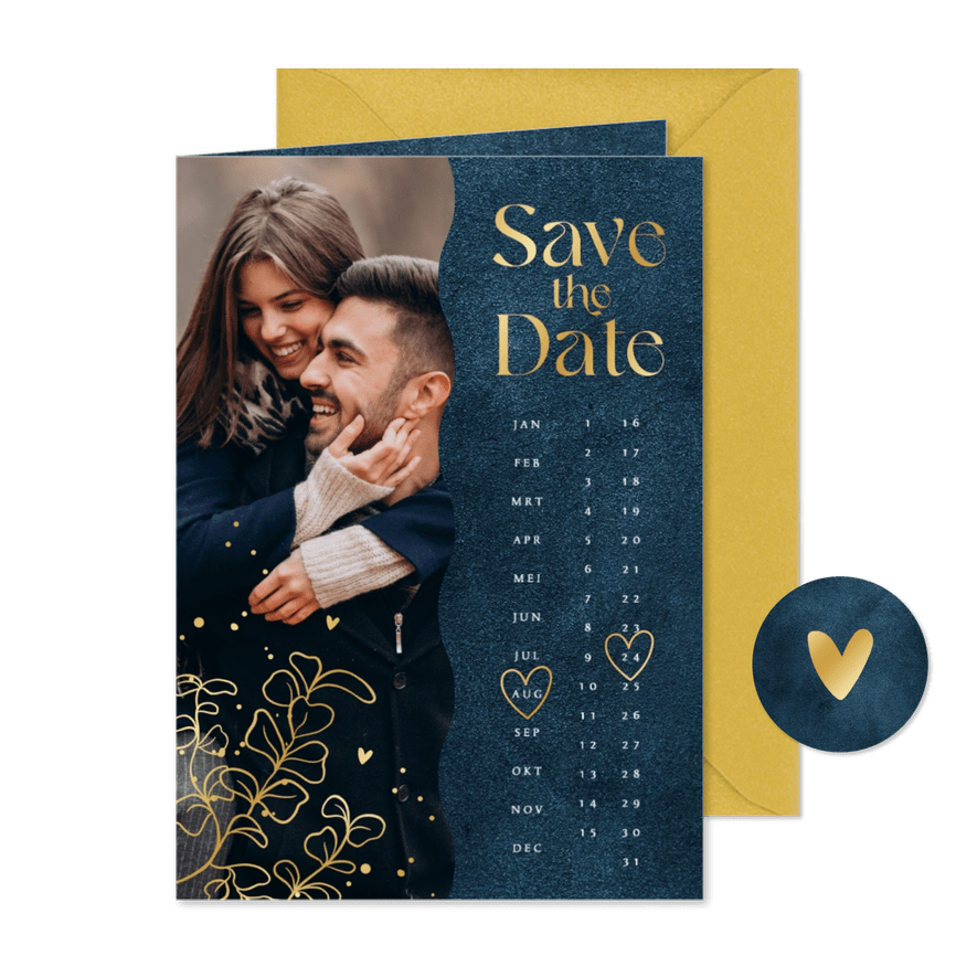 Save the date kalender trouwkaart velvet blauw foto goud - Kaartimpressie