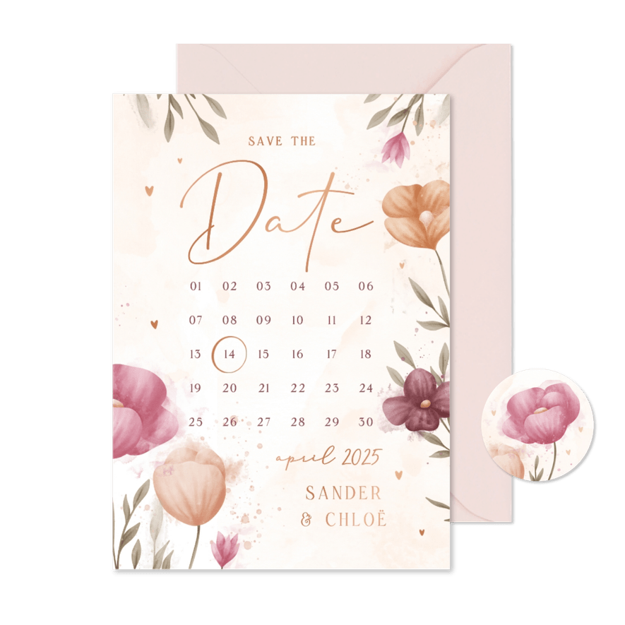 Save the date kalender waterverf bloemen met koperen hartjes - Kaartimpressie