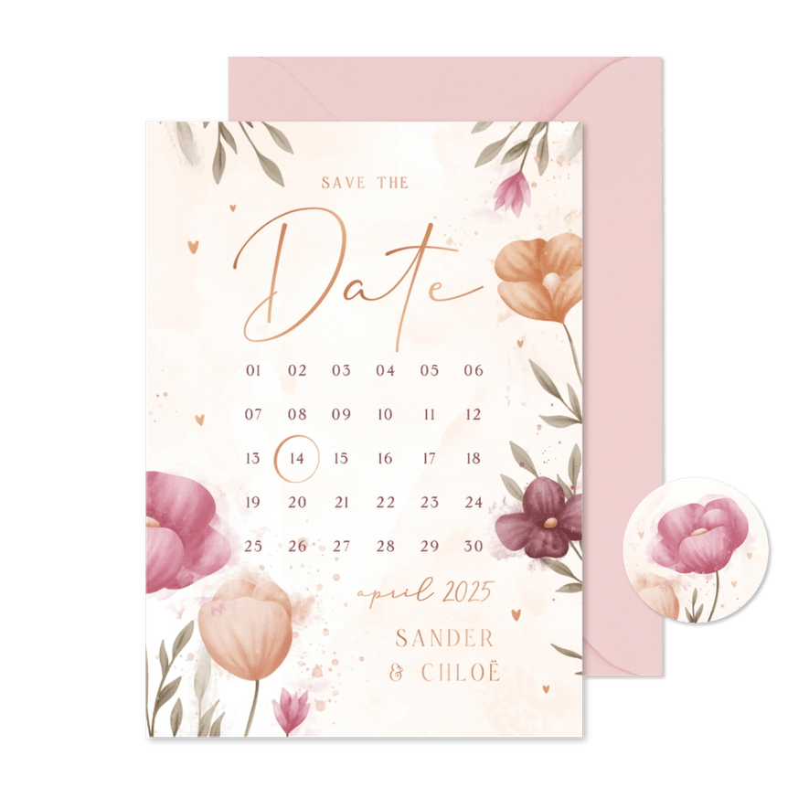 Save the date kalender waterverf bloemen met koperen hartjes - Kaartimpressie