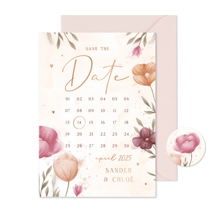 Save the date kalender waterverf bloemen met koperen hartjes - Kaartimpressie