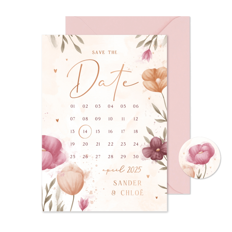 Save the date kalender waterverf bloemen met koperen hartjes - Kaartimpressie