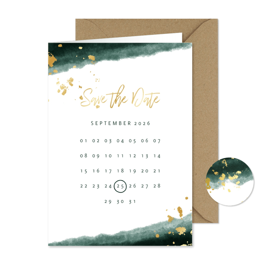 Save the date kalender waterverf gouden tekst - Kaartimpressie