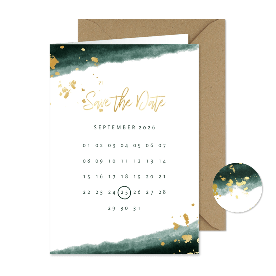 Save the date kalender waterverf gouden tekst - Kaartimpressie