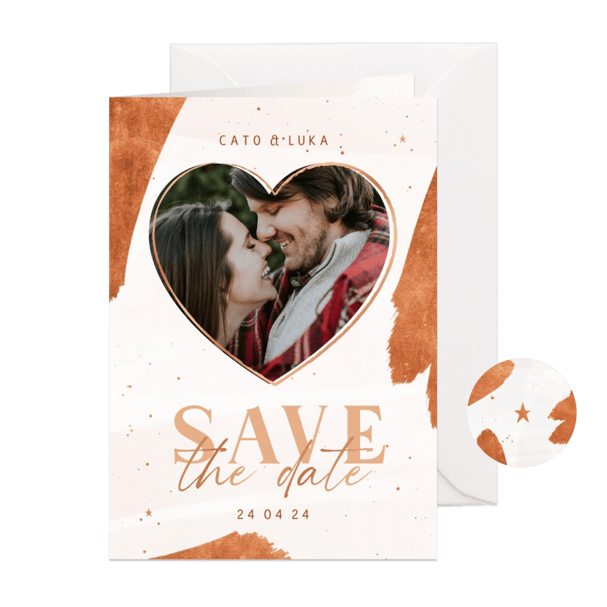 Save the date kerst wit met foto en koperfolie - Kaartimpressie