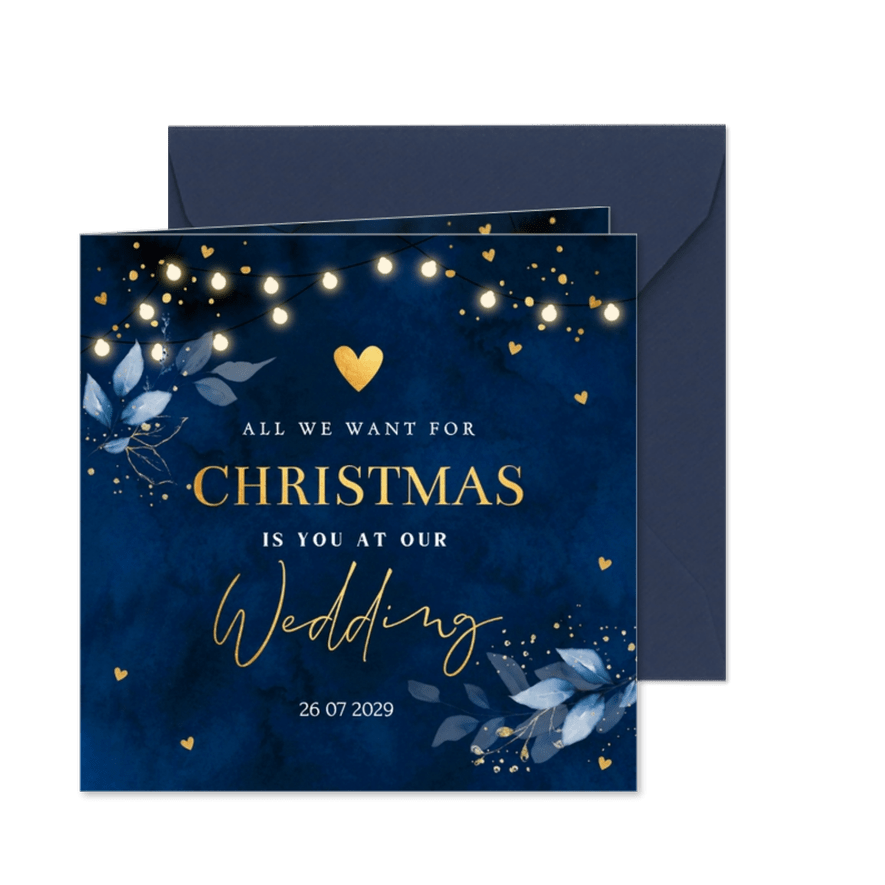 Save the Date kerstkaart blauw botanisch goudlook - Kaartimpressie