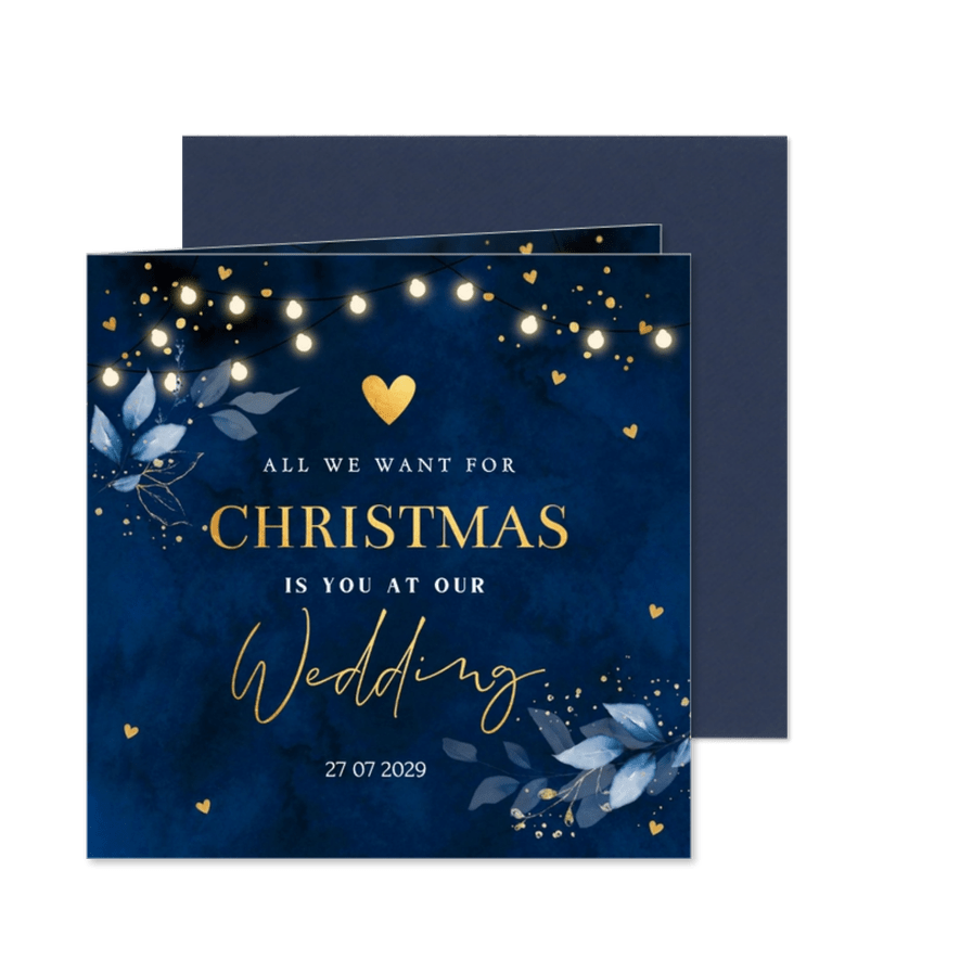 Save the Date kerstkaart blauw botanisch goudlook - Kaartimpressie