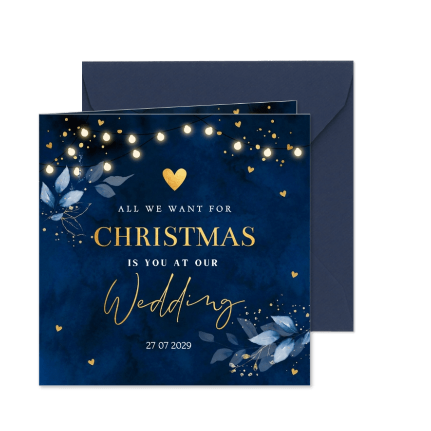 Save the Date kerstkaart blauw botanisch goudlook - Kaartimpressie