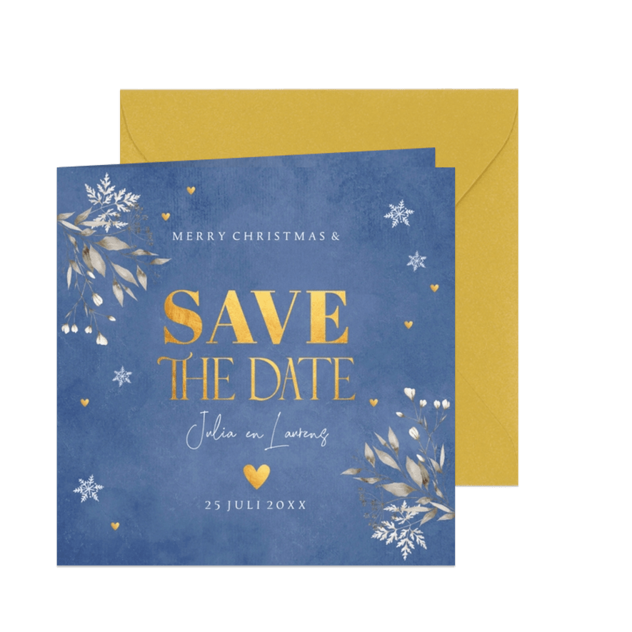 Save the Date kerstkaart blauw botanisch goudlook - Kaartimpressie