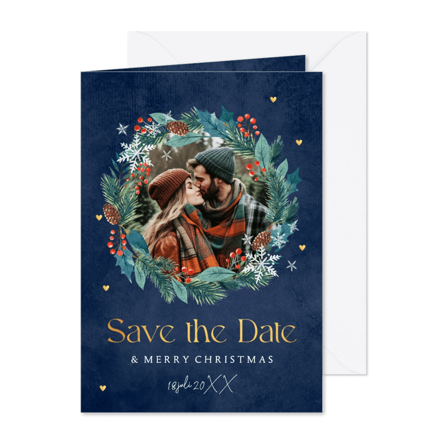 Save the Date kerstkaart blauw kerstkrans foto - Kaartimpressie