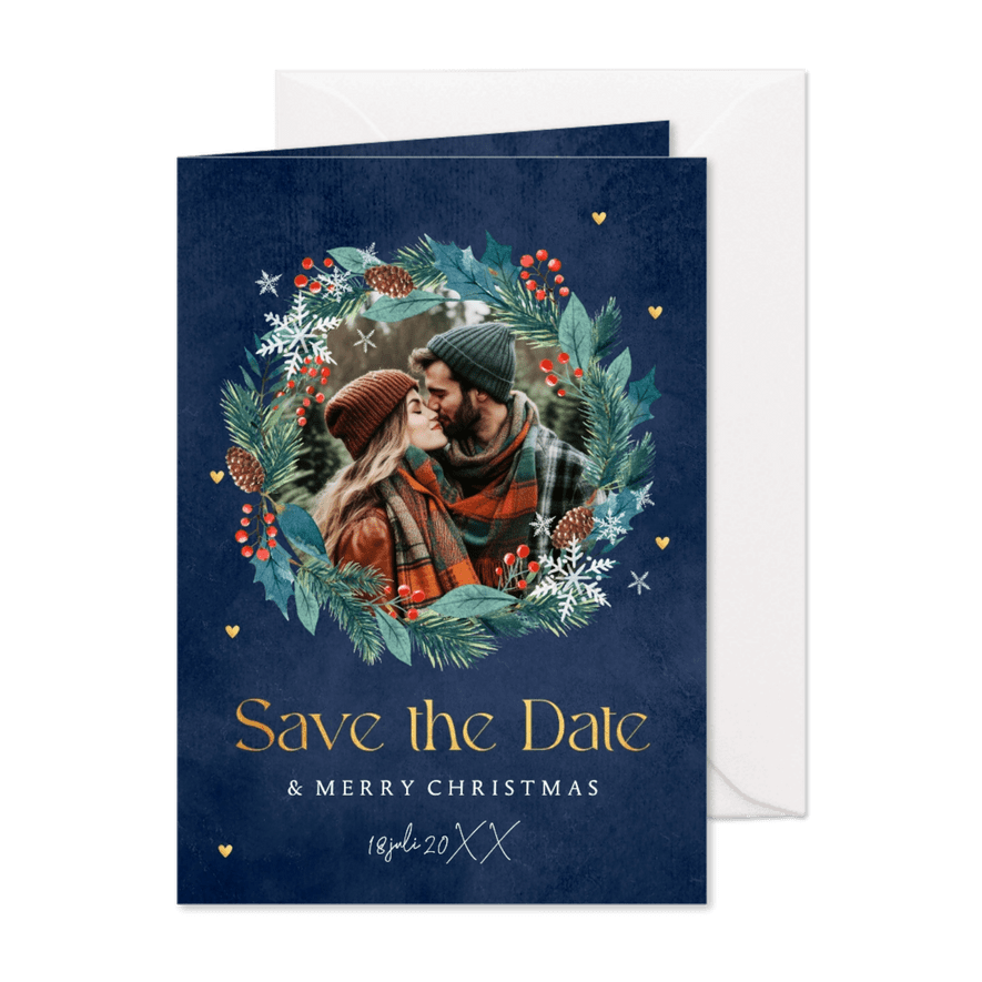 Save the Date kerstkaart blauw kerstkrans foto - Kaartimpressie