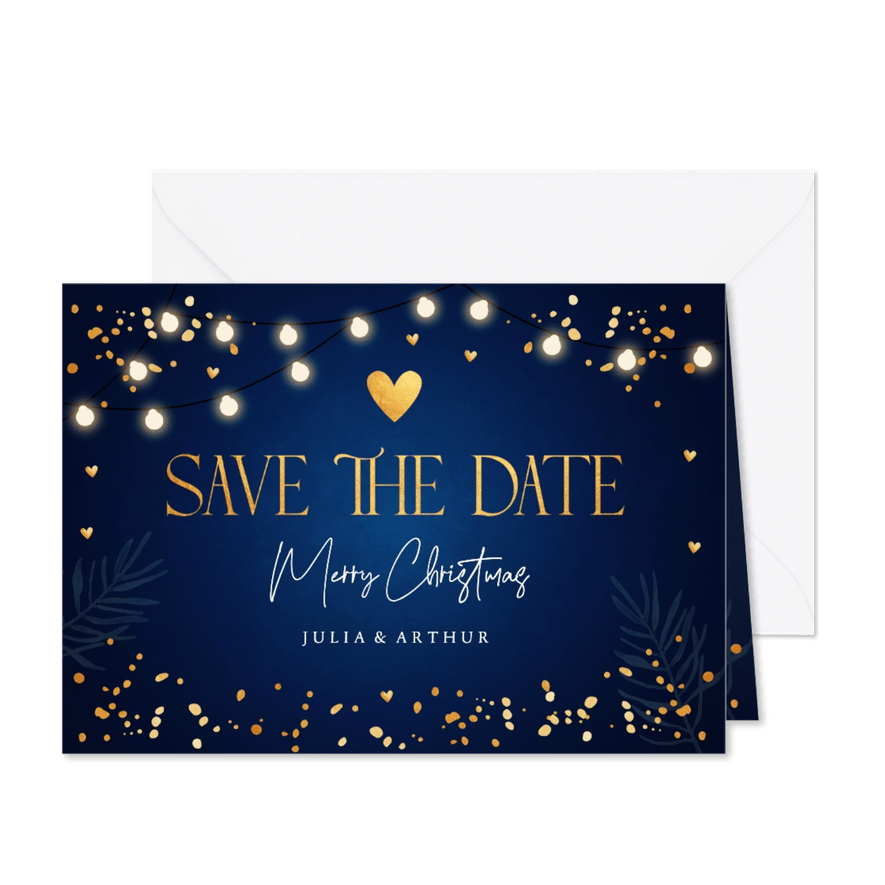 Save the Date kerstkaart blauw lampjes goudlook confetti - Kaartimpressie