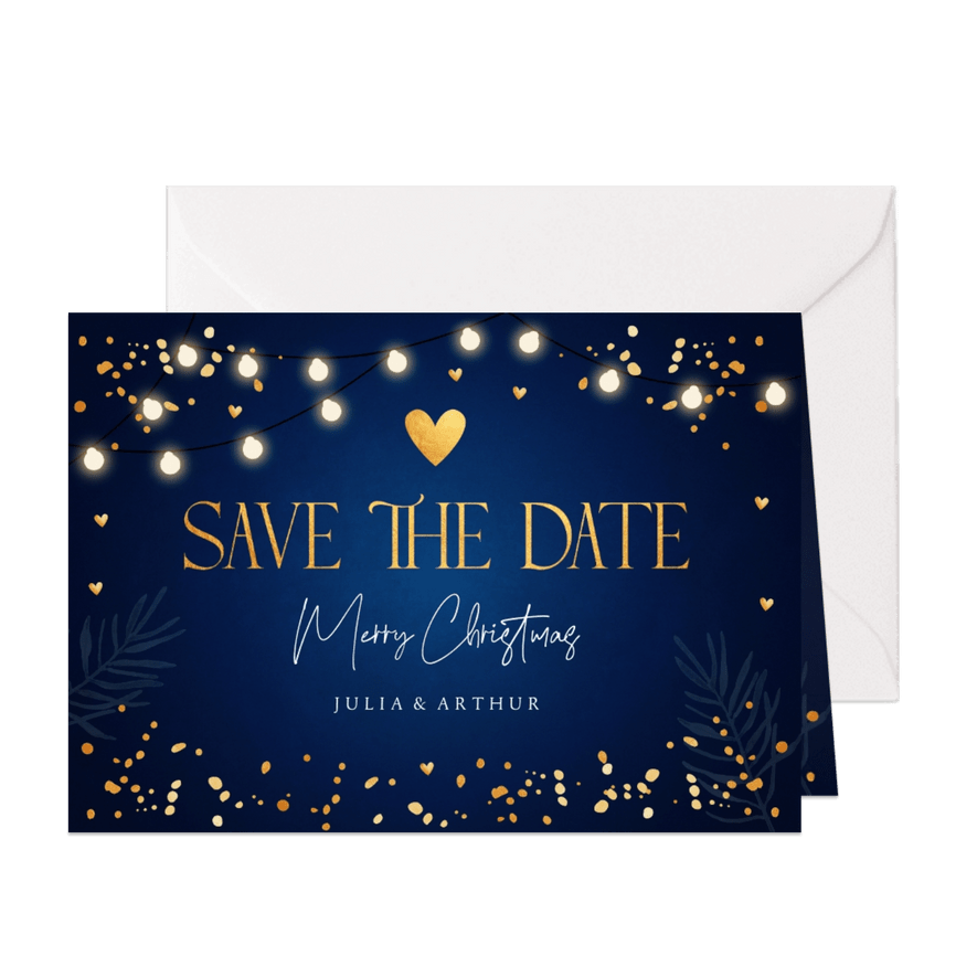 Save the Date kerstkaart blauw lampjes goudlook confetti - Kaartimpressie