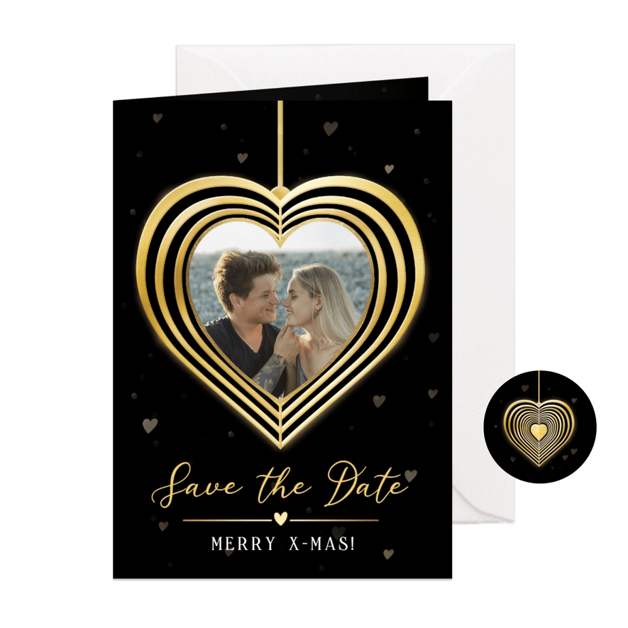 Save the Date kerstkaart met gouden hart en eigen foto - Kaartimpressie