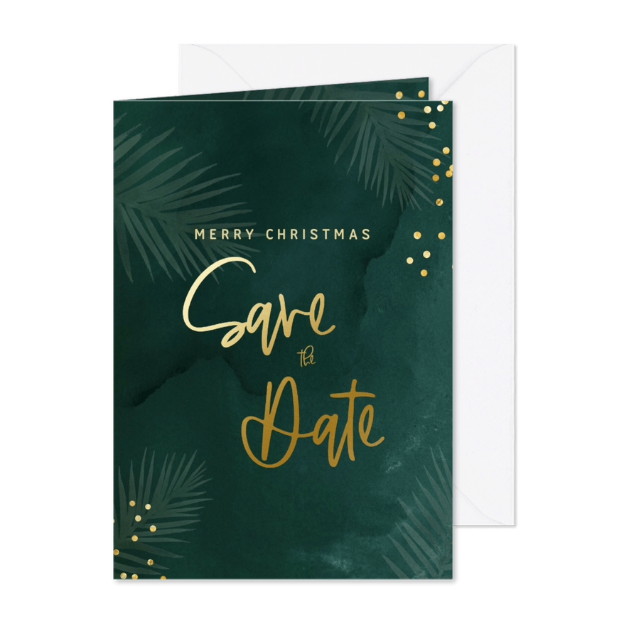 Save the date kerstkaart met groene waterverf en confetti - Kaartimpressie
