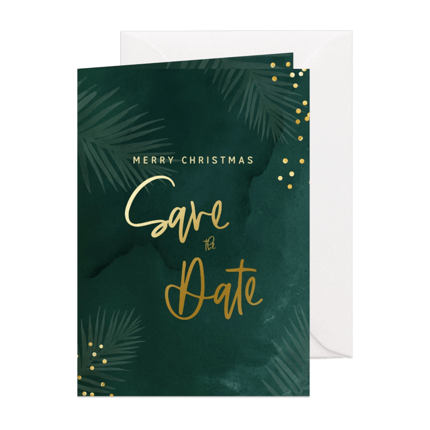 Save the date kerstkaart met groene waterverf en confetti - Kaartimpressie