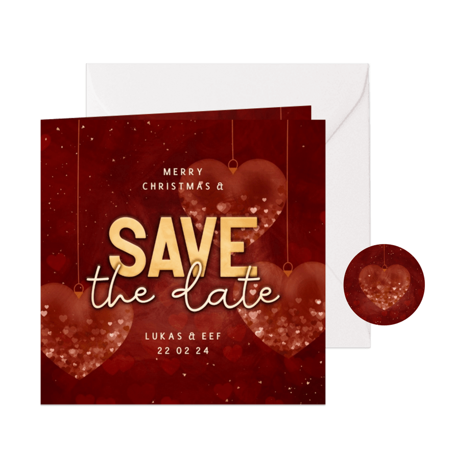 Save the date kerstkaart met hartjes kerstballen rood - Kaartimpressie