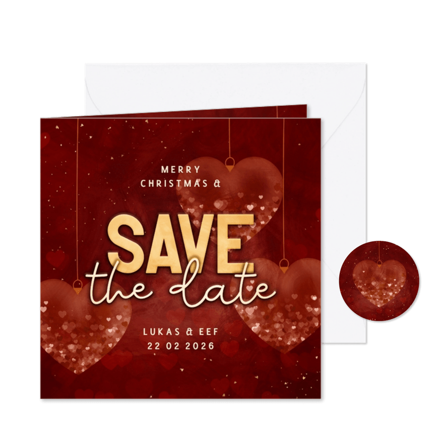 Save the date kerstkaart met hartjes kerstballen rood - Kaartimpressie