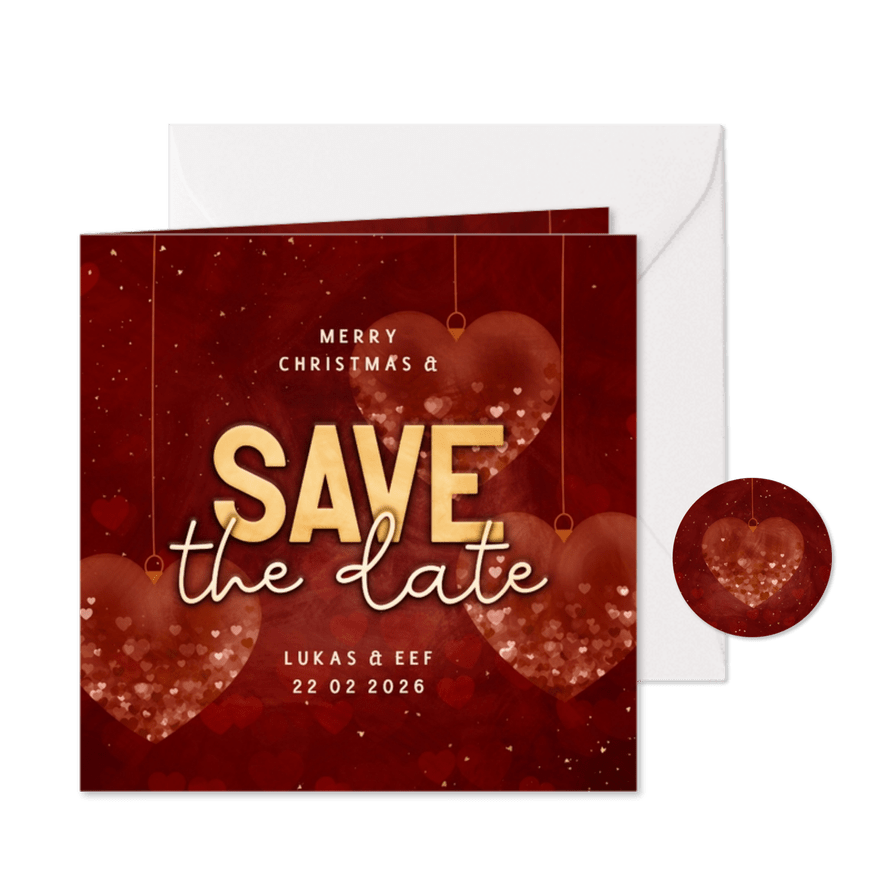 Save the date kerstkaart met hartjes kerstballen rood - Kaartimpressie