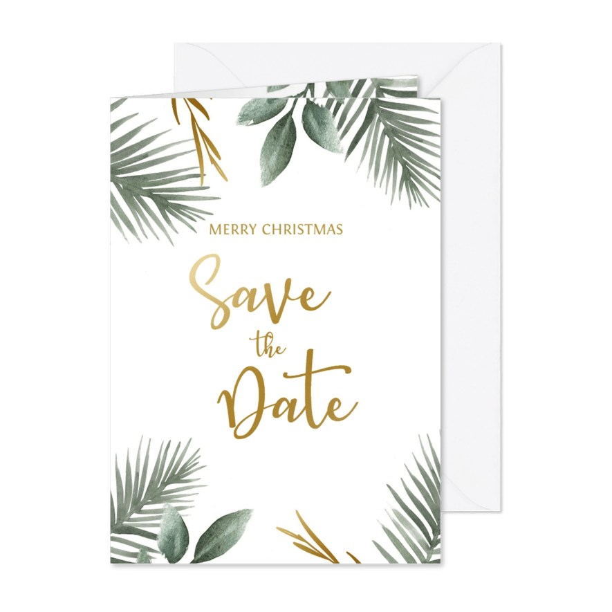Save the date kerstkaart met kersttakjes en gouden tekst - Kaartimpressie